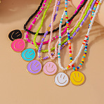 7Pcs 7 Colors Alloy Enamel Smiling Face Pendant Glass Seed Beaded Necklaces for Women, Platinum and Golden, Mixed Color, 16.14 inch(41cm), 1pc/color(FS-WGD322E-08)