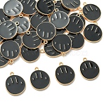 35Pcs Alloy Enamel Pendants, Light Gold, Flat Round with Smiling Face, Black, 24x19.7mm(ENAM-YW0008-01C)
