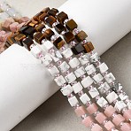 Natural Howlite & Pink Opal & Flower Amazonite & Rhodonite & Tiger Eye Beads Strands, Cube, with Seed Beads, 4~6x4~6x4~6mm, Hole: 0.9~1mm, about 59pcs/strand, 14.92~15''(37.9~38.1cm)(G-H333-03A)
