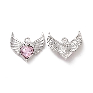 Rack Plating Alloy Glass Pendants, Cadmium Free & Lead Free & Nickle Free, Platinum, Faceted Heart Charm with Wing, Pearl Pink, 20x22x4mm, Hole: 1.8mm(FIND-I037-09P-02)