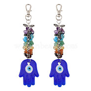 2Pcs Handmade Lampwork Evil Eye Pendant Decoration, Gemstone Chips Cluster Lobster Clasp Charms, for Keychain, Purse, Backpack Ornament, Hamsa Hand/Hand of Miriam, 125~144mm(HJEW-CA0001-68)