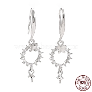 Rhodium Plated 925 Sterling Silver Earring Hooks, with Clear Cubic Zirconia, Ring with Butterfly, for Half Drilled Beads, Platinum, 32mm, 21 Gauge, Pin: 0.7mm and 0.6mm, Tray: 6x3mm(STER-D035-37P)