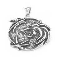304 Stainless Steel Pendants, Flat Round with Dragon Pattern, Antique Silver, 46.5x45x4mm, Hole: 3.5x8mm(STAS-G303-29AS)