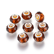 Handmade Glass European Beads, Large Hole Beads, Silver Color Brass Core, Saddle Brown, 14x8mm, Hole: 5mm(X-GPDL25Y-70)