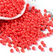 Baking Paint Glass Seed Beads, Round, Orange Red, 4x3mm, Hole: 1.2mm, about 7650pcs/pound(SEED-H002-I-B513)
