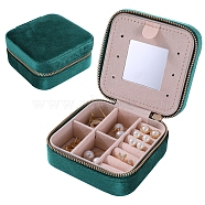 Square Velvet Jewelry Organizer Zipper Boxes, Portable Travel Jewelry Case with Mirror Inside, for Earrings, Necklaces, Rings, Green, 10x10x5cm(PW-WG60981-04)