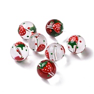 Transparent Glass Beads, with Enamel, Round, Red, Strawberry Pattern, 14~15x13~13.5mm, Hole: 1.5~1.6mm(X-LAMP-B021-03B-14)