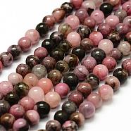 Natural Rhodonite Beads Strands, Round, 8mm, Hole: 1mm, about 47pcs/strand, 15.3 inch(G-F364-01-8mm)
