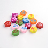 Natural Wood Beads, Lead Free, Dyed, Flat Round With Spiral Pattern, Mixed Color, 17~18x6mm, Hole: 2mm, about 590pcs/500g(TB111Y)