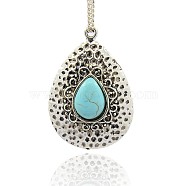 Antique Silver Plated Alloy Synthetic Turquoise Pendants, Hammered Teardrop Pendants, Cyan, 42x29x8mm, Hole: 2mm(PALLOY-J288-03AS)