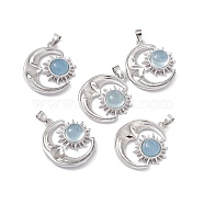 Natural Aquamarine Pendants, Moon Charms with Sun, with Platinum Color Brass Findings, 26.5~27x23~23.5x6mm, Hole: 4x3.5~4mm(X-KK-A173-04P-04)