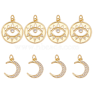 8Pcs 2 Style Rack Plating Brass Micro Pave Cubic Zirconia Pendants, Moon & Eye Charms, Long-Lasting Plated, Cadmium Free & Lead Free, with Jump Ring, Real 18K Gold Plated, 16~20.5x12.5~17.5x2mm, Hole: 3mm, 4pcs/style(KK-BC0011-96)