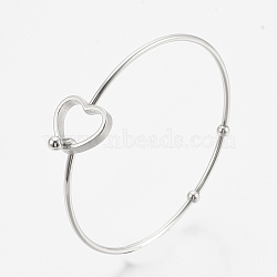 Tarnish Resistant 304 Stainless Steel Bangles, with 201 Stainless Steel Beads, Heart, Stainless Steel Color, 2-3/8 inch(6.2cm)x2-3/8 inch(6cm), 2mm(STAS-N084-03)