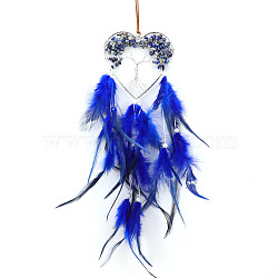 Heart with Tree of Life Natural Lapis Lazuli Chip Wind Chimes Pendant Decorations, with Feather, for Home Bedroom Hanging Decorations, 500mm(PW-WG64590-04)