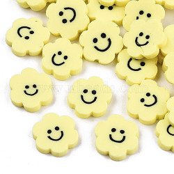 Handmade Polymer Clay Cabochons, Flower with Smile, Yellow, 9~10x9.5~10.5x2mm(X-CLAY-T016-32H)