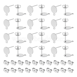 100Pcs Flat Round 304 Stainless Steel Ear Stud Components, with Horizontal Loops and 100Pcs Ear Nuts, Stainless Steel Color, 10.5~12x8mm, Hole: 1.2mm, Pin: 0.7mm(STAS-UN0053-60)