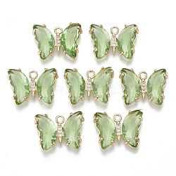 Glass Pendants, with Micro Pave Cubic Zirconia and Brass Open Back Settings, Faceted, Butterfly, Light Gold, Light Green, 15.5x20x4mm, Hole: 1.8mm(X-GLAA-T021-24C)