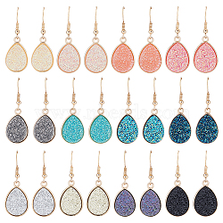 12 Pairs 12 Color Bling Resin Teardrop Dangle Earrings, Light Gold Plated Alloy Jewelry for Women, Mixed Color, 39mm, Pin: 0.7mm, 1 Pair/color(EJEW-AN0001-66)