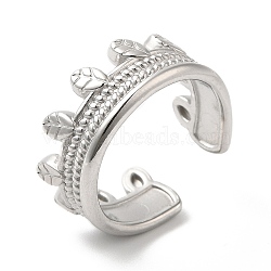 Non-Tarnish 304 Stainless Steel Leaf Open Cuff Ring for Women, Stainless Steel Color, Inner Diameter: 18mm(RJEW-I098-14P)