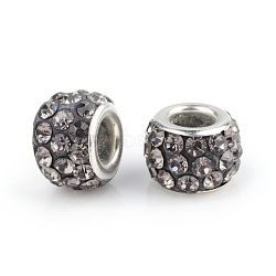 Polymer Clay Rhinestone European Beads, Large Hole Beads, Rondelle, with Silver Color Plated Brass Cores, Black Diamond, 10~12x7~8mm, Hole: 5mm, Rhinestone: pp17((2.3~2.4mm)(CPDL-S007-10)