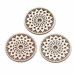 Undyed Natural Wooden Filigree Joiners Links, Laser Cut Shapes, Flat Round with Flower, Antique White, 49x2mm(WOOD-N007-081)