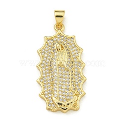 Virgin Mary Theme Rack Plating Brass Micro Pave Clear Cubic Zirconia Pendants, Long-Lasting Plated, Lead Free & Cadmium Free, Real 18K Gold Plated, Oval, Oval, 32x17x3.5mm, Hole: 4x3.5mm(KK-Z067-06G-04)