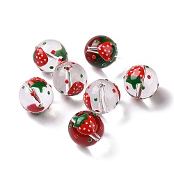 Transparent Glass Beads, Hand Drawn Beads, with Enamel, Round, Red, Strawberry Pattern, 14~15x13~13.5mm, Hole: 1.5~1.6mm(X-LAMP-B021-03B-14)