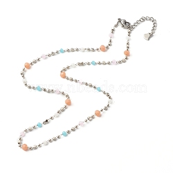 Chain Necklace, with Brass & Glass Beaded Chain, 304 Stainless Steel Findings, Light Salmon, 40.5x0.2cm(NJEW-JN03547-04)