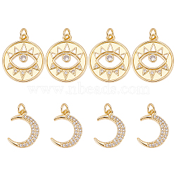 8Pcs 2 Style Rack Plating Brass Micro Pave Cubic Zirconia Pendants, Moon & Eye Charms, Long-Lasting Plated, Cadmium Free & Lead Free, with Jump Ring, Real 18K Gold Plated, 16~20.5x12.5~17.5x2mm, Hole: 3mm, 4pcs/style(KK-BC0011-96)