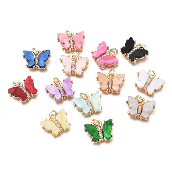 Brass Micro Pave Clear Cubic Zirconia Pendants, with Resin and Jump Rings, Long-Lasting Plated, Butterfly Shape, Flower Pattern on Back, Golden, Mixed Color, 13x17x3.5mm, Hole: 3mm