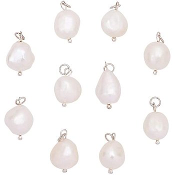 Natural Cultured Freshwater Pearl Pendants, with Brass Findings, Creamy White, 16x9~10mm, Hole: 3mm, 10pcs/box