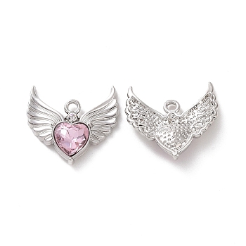 Rack Plating Alloy Glass Pendants, Cadmium Free & Lead Free & Nickle Free, Platinum, Faceted Heart Charm with Wing, Pearl Pink, 20x22x4mm, Hole: 1.8mm