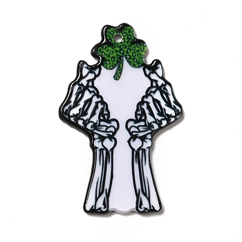 Halloween Printed Acrylic Pendants, Saint Patrick's Day, Skeleton Hand Charm, Hand Heart, 40.5x26x2mm, Hole: 2mm
