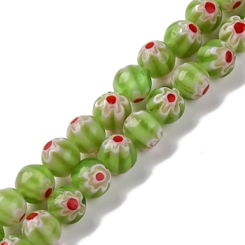 Handmade Millefiori Lampwork Beads Strands, Round, Yellow Green, 6mm, Hole: 0.7mm, about 64pcs/strand, 14.69''(37.3cm)