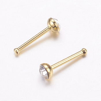 316L Surgical Stainless Steel Nose Studs Nose Piercing Jewelry, Nose Bone Rings, with Rhinestone, Golden, Crystal, 3x2mm, Bar Length: 1/4"(7mm), Pin: 18 Gauge(1mm), 24pcs/box