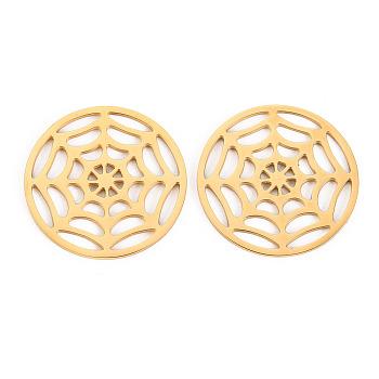 304 Stainless Steel Filigree Joiners Links, Laser Cut, Flat Round with Spider Web, Real 14K Gold Plated, 25x1mm