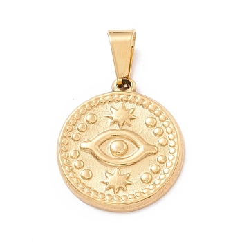 Vacuum Plating 304 Stainless Steel Pendant,  Flat Round with Eye Pattern, Golden, 20x17.5x2mm, Hole: 7.5x4mm