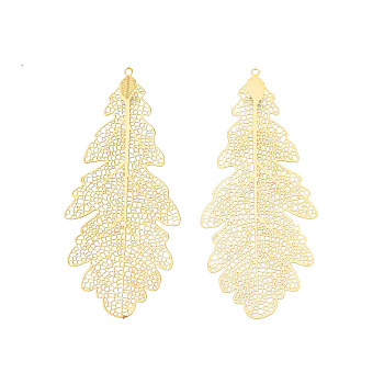 304 Stainless Steel Big Pendants, Etched Metal Embellishments, Leaf, Real 18K Gold Plated, 67x28.5x0.3mm, Hole: 1.2mm