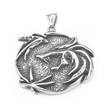 304 Stainless Steel Pendants, Flat Round with Dragon Pattern, Antique Silver, 46.5x45x4mm, Hole: 3.5x8mm