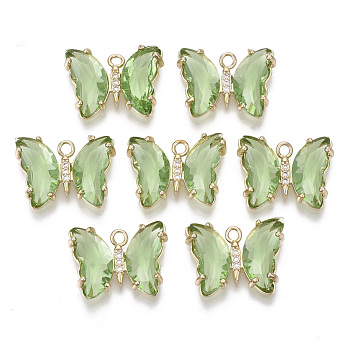 Glass Pendants, with Micro Pave Cubic Zirconia and Brass Open Back Settings, Faceted, Butterfly, Light Gold, Light Green, 15.5x20x4mm, Hole: 1.8mm