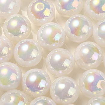 UV Plating Rainbow Iridescent Acrylic Beads, Round, White, 13.5x13mm, Hole: 3mm