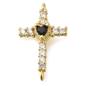 Brass Pave Black & Clear Cubic Zirconia Connector Charms, Religion Heart Cross Links, Real 16K Gold Plated, 21.5x13x5mm, Hole: 1mm