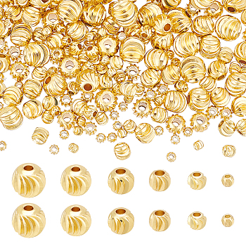 180Pcs 6 Styles Brass Beads, Long-Lasting Plated, Round with Corrugated, Real 18K Gold Plated, 3~8x2~7mm, Hole: 1.2~2mm