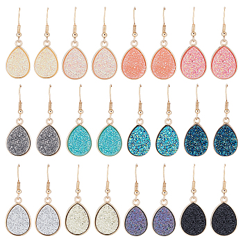 12 Pairs 12 Color Bling Resin Teardrop Dangle Earrings, Light Gold Plated Alloy Jewelry for Women, Mixed Color, 39mm, Pin: 0.7mm, 1 Pair/color