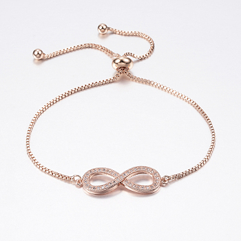 Adjustable Brass Bolo Bracelets, Slider Bracelets, with Cubic Zirconia and Box Chains, Infinity, Rose Gold, 10-5/8 inch(270mm)