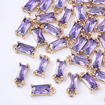 Transparent Glass Charms, with Brass Findings, Faceted, Rectangle, Light Gold, Medium Purple, 8.5x4x3mm, Hole: 1mm