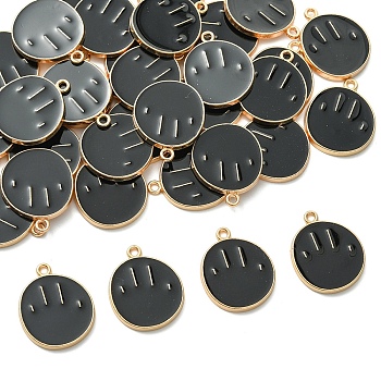 35Pcs Alloy Enamel Pendants, Light Gold, Flat Round with Smiling Face, Black, 24x19.7mm