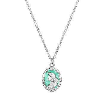 Princess Fish Tail Double-Sided Relief Pendant Necklaces, Stainless Steel Cable Chain Necklaces