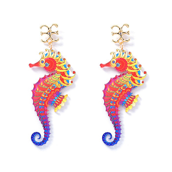 Ocean Acrylic & Alloy Dangle Earrings for Women, Golden, Sea Horse, 90x34mm