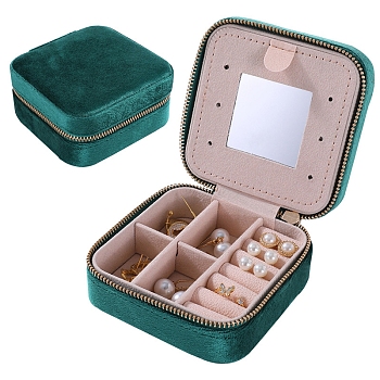 Square Velvet Jewelry Organizer Zipper Boxes, Portable Travel Jewelry Case with Mirror Inside, for Earrings, Necklaces, Rings, Green, 10x10x5cm